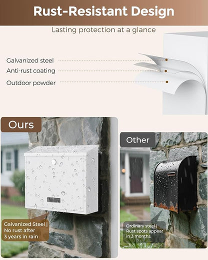 LAND·VOI Locking Wall-Mount Mailbox for Outside, with 4 Keys, Galvanized Steel Rustproof Metal Postbox, 4" Dx13.8 Wx11.2 H, Includes 3 Sets of Mailbox Numbers, Nameplate, White