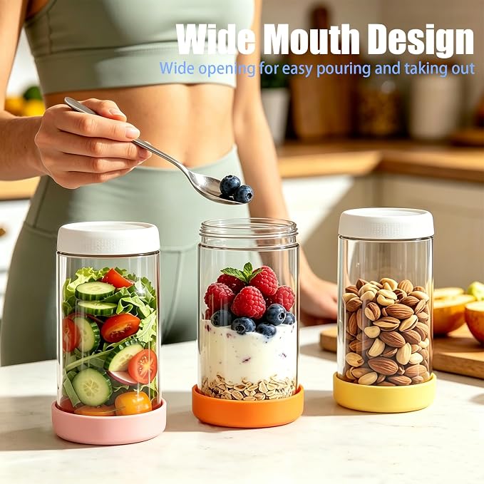 JohnBee 6-Pack 24 oz Glass Overnight Oats Containers with Airtight Lids and Silicone Sleeves - Wide Mouth Jars for Salad, Yogurt, pickles, Snacks, Spice & Sugar - Leakproof Glass Food Storage Jars