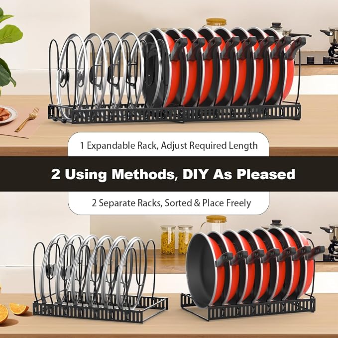 Housolution 2 Pack Pot and Pan Organizer, 12"-23" Expandable Pot Lid Organizer with 14 Adjustable Dividers, Pan Lid Holder Storage Rack for Cabinet, Black