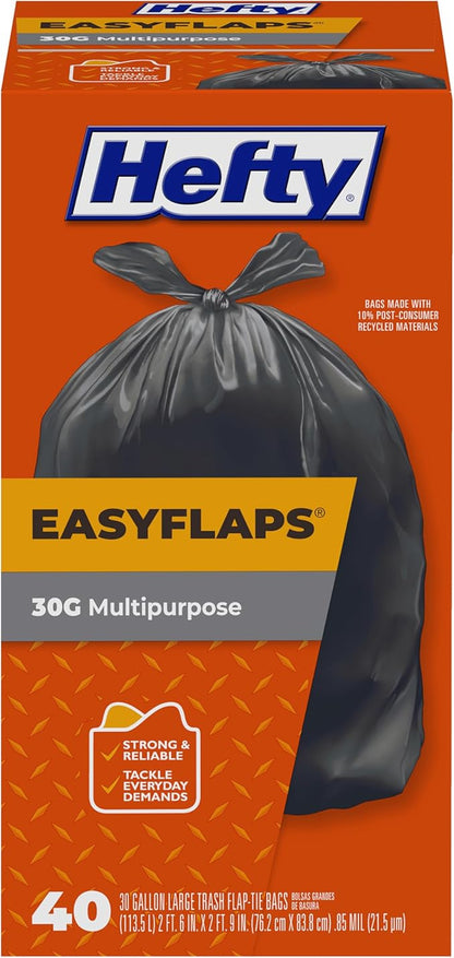 Hefty Easy Flaps Multipurpose Large Trash Bags, 30 Gallon