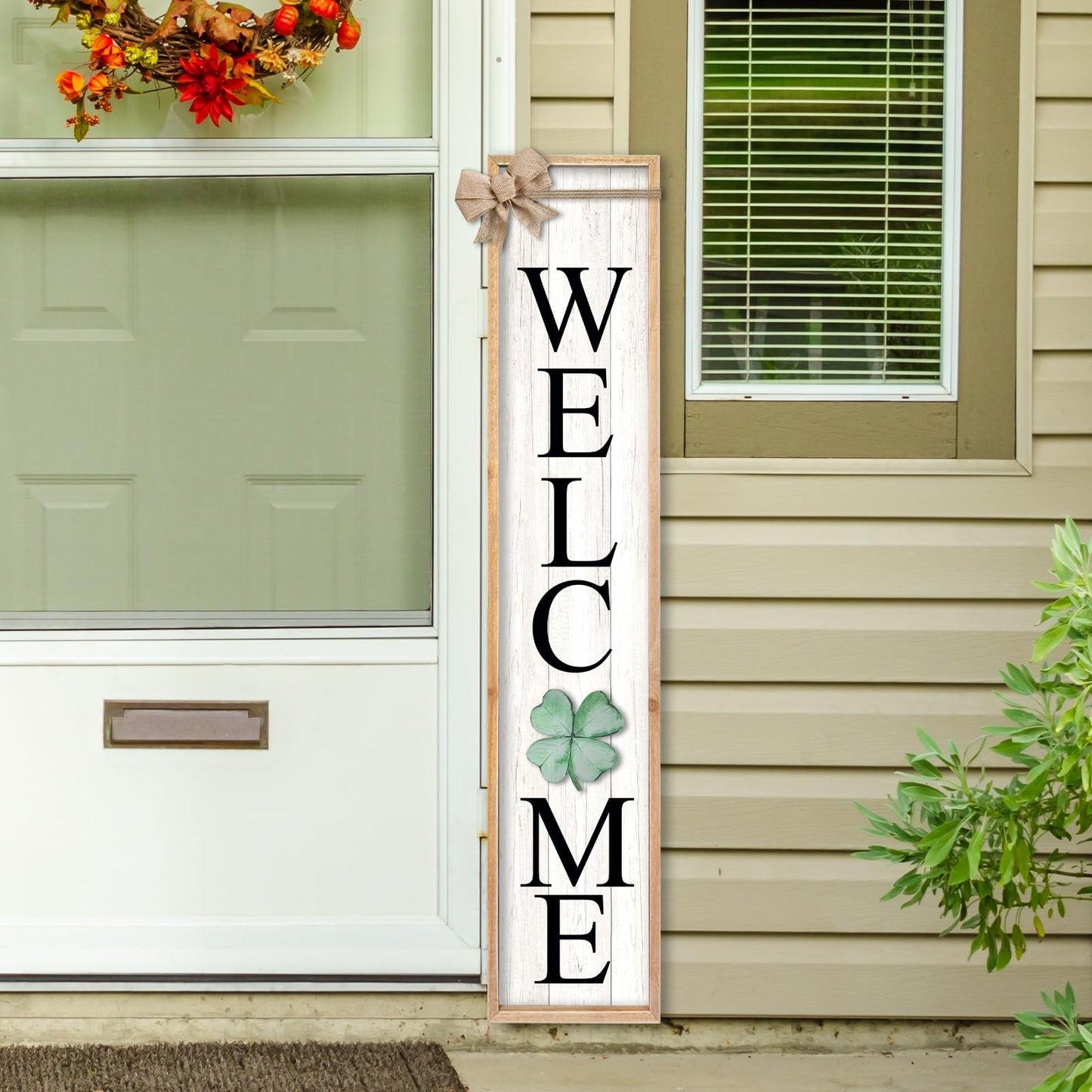 TQianJiang Interchangeable Welcome Sign for Front Porch Standing 45"X9" 12 Pcs Replaceable Signs Vertical Leaner Wood Framed Outdoor Decor (Wood White)