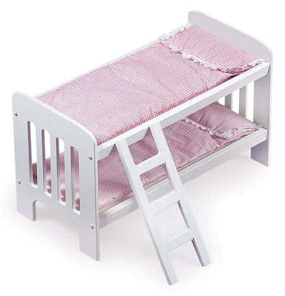 Badger Basket Doll Bunk Bed with Bedding & Ladder - Two Level Wooden Bed for Dolls, Includes Bedding & Accessories- White/Pink Gingham