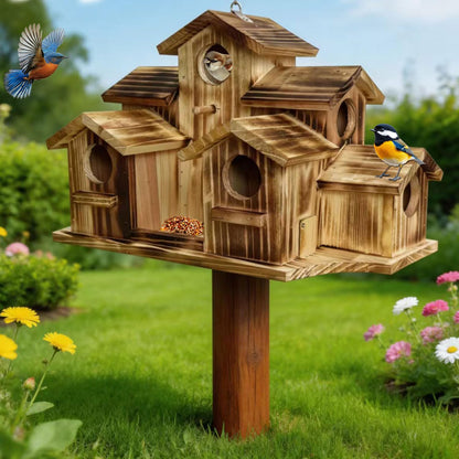 Wooden Bird House for Outside, 7-Compartment Large Birdhouse Castle with Perches, Weatherproof Burnt Wood Hanging Bird Nest for Garden Patio, Decorative Bird Shelter for Bluebird, Finch, Sparrow