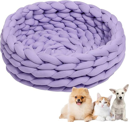 Woven Dog Bed Basket, Knitted Cotton Cat Bed Round Washable Woven Cat Pet Bed Chunky Dog Basket, Orthopedic, Chunky Knit Dog Nest,Dog Bed,Dog Cave,Dog Bedding(Purple,23")