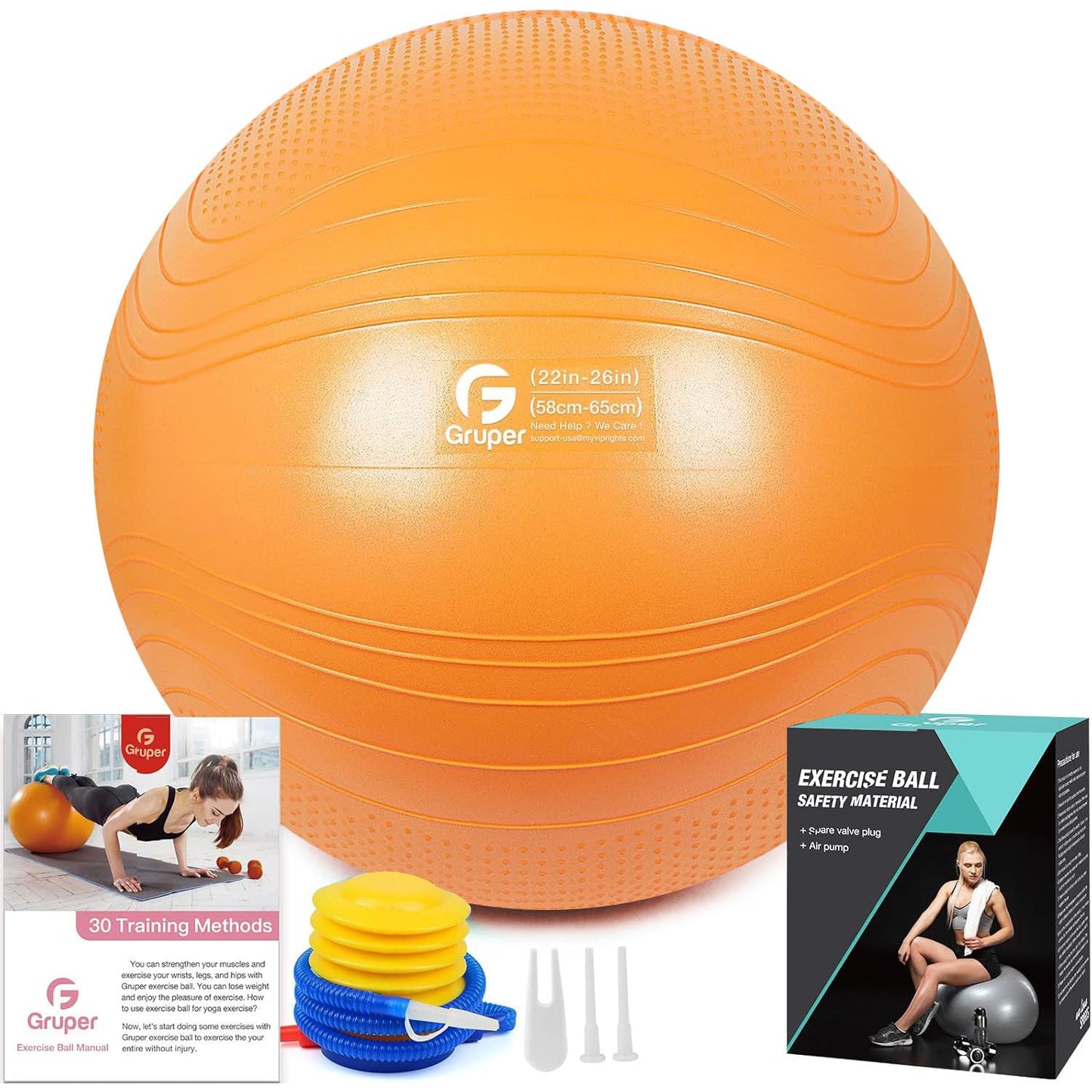 Gruper Yoga Ball, Multiple Sizes Non Slip Exercise Ball for Workout, Birthing, Balance, Stability, Pregnancy, 2200LB Capacity, Anti Burst Chair for Home and Office, Includes Quick Pump & Fitness Guide
