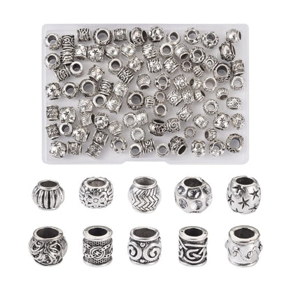 Craftdady 100pcs Antique Silver Barrel European Beads Tibetan Metal Drum Loose Beads Large Hole Rondelle Column Spacer Beads with Wavy Pattern for Jewelry Making Hole: 4-6mm