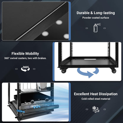 Eastrexon Upgraded 10U Server Rack - 19.7”L x 18.8”W x 23.4”H Open Frame Network Rack, Wall-Mountable & Freestanding with 4 Swivel Casters & 2 Shelves, for Computer/Data/IT/Stereo Equipment, New Model