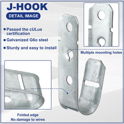 Gisafai 200 Pcs Cable Support J-Hook, 3/4 Inch Metal Garage Hooks for Hanging, Heavy Duty Network for Cable and Wire Management Wall Attaching J Utility, G60 Galvanized Steel, Silver