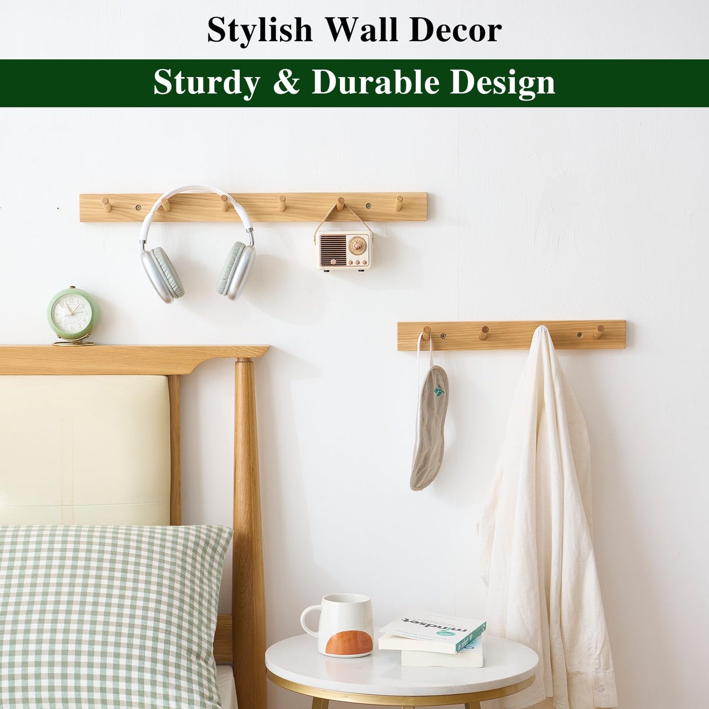 Sikflmi Hickory Wood Coat Rack Wall Mount 24 inches, Wooden Coat Hooks with 6 Hooks Coat Hanger for Hanging Hat Jacket Purse, Wall Hooks for Entryway, Bathroom, Bedroom, Natural