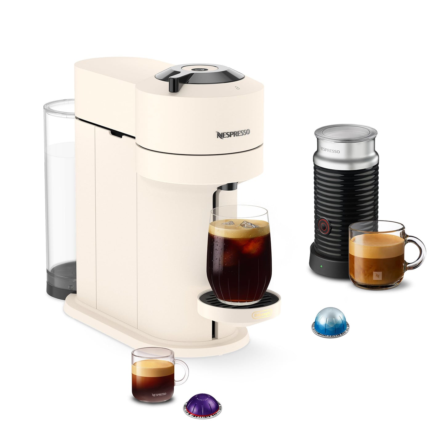 Nespresso Vertuo Next Premium Coffee and Espresso Maker by Breville with Aeroccino Milk Frother, Creamy White Dark Chrome