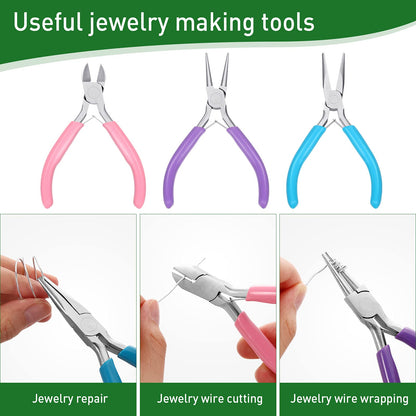 3 Rolls 18 20 22 Gauge Jewelry Wire for Jewelry Making with 3 Multi Purpuse Pliers and Ring Sizer, Tarnish Resistant Aluminum Beading Wire for Arts Crafts Making Supplies(Silver)