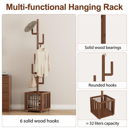 YQJJGL Solid Wood Cactus Coat Rack, Freestanding Coat Rack with 6 L-Shaped Hooks and Storage Basket, for Coats, Hats, Handbags, Coat Tree for Entryway, Bedroom, Living Room, Walnut
