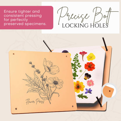 Wooden Flower Press - Durable Bolt Lock Design Complete Pressing Kit w/White Absorbent Sheets, Ebook Guide & More - 10 Layers for Drying & Preserving Flowers - Ideal Craft Gift for Nature Lovers