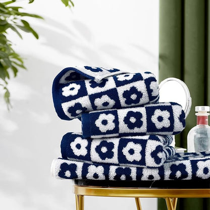 Jacquotha Cotton Hand Towels Navy Checkered Floral