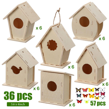 Sawysine 93 Pcs DIY Birdhouse Kits for Kids to Build, 36 Wooden Bird House 6 Shapes and 57 Butterfly Sticker for Children Summer Craft Activity Art Project DIY(Multiple Entrance)