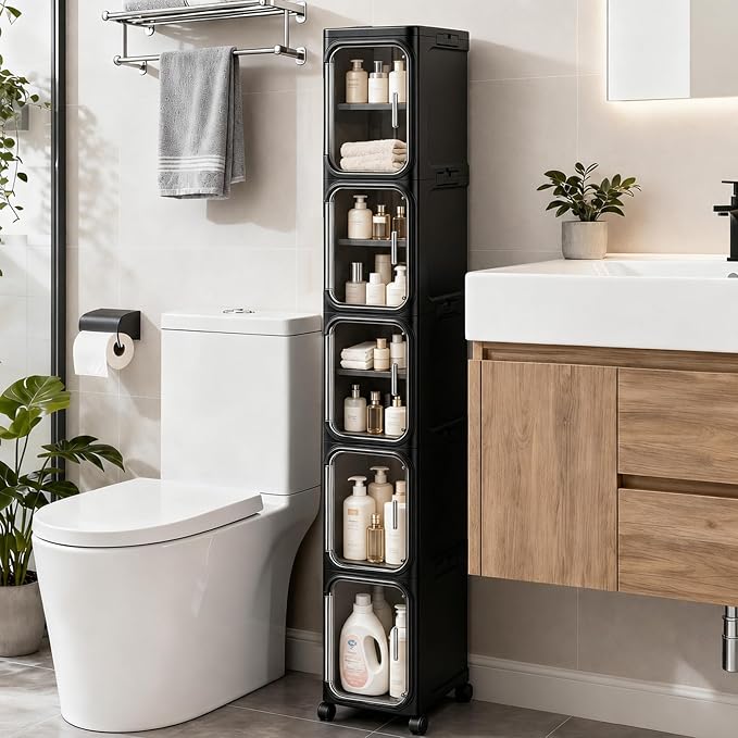 5-Tier Tall Narrow Slim Bathroom Storage Cabinet, Black | Tool Free Assembly, Adjustable shelves, Fits for Narrow Spaces, Lockable Wheels, Magnetic Clear Door