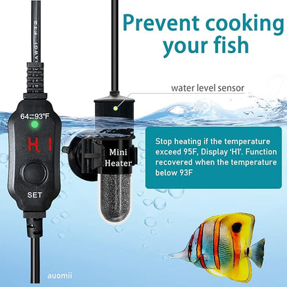 Mini Submersible Aquarium Heater, 25/50/100/150/200/300 Watts Adjustable Fish Tank Heater, Built-in Thermometer, External Temperature Controller, Smart Memory, Used for 1-60 Gallons (20W Plug)