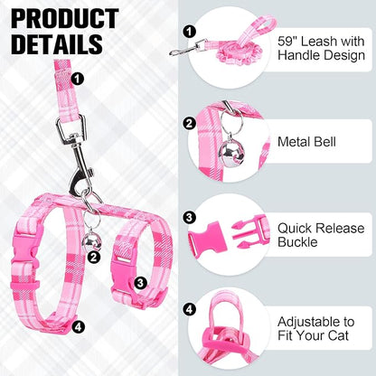 BEAUTYZOO Cat Harness and Leash Set Escape Proof for Walking, Kitten Soft Adjustable Vest Harnesses for Small Medium Large Cats, Easy Control Breathable Plaid Ribbon Nylon for Outdoor Indoor Use