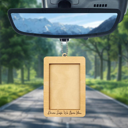 NOTISH Car Decor Hanging Picture Frame, Rear View Mirror Accessories, Car Picture Holder, Wallet-Sized Wooden Photo Frame, Mini Car Picture Frame(Drive Safe We Love you)