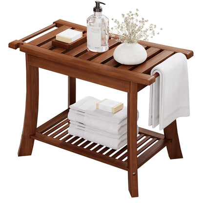 Teak Shower Bench, 23.6 Inch Teak Shower Stool 300lbs Wood Shower Chair Seat with Storage Shelf Towel Rack for Bathroom Indoor and Outdoor Use