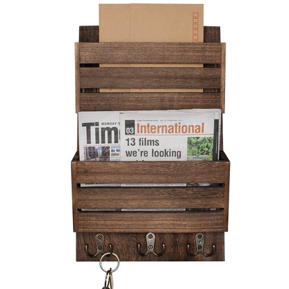 Unistyle Mail Organizer with 4 Hooks, Rustic Brown Wall Mount, Cedar Wood Key Holder for Letters, Magazines, Keys, Dog Leashes