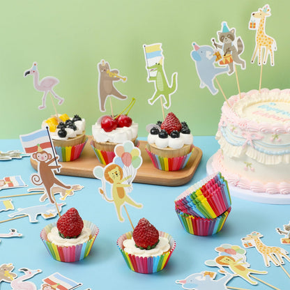 Potchen 148 Pcs Safari Cupcake Toppers and Rainbow Cupcake Liners Animal Parade Woodland Jungle Cake Decorations for Baby Shower Zoo Wild Animal Birthday Party Supplies