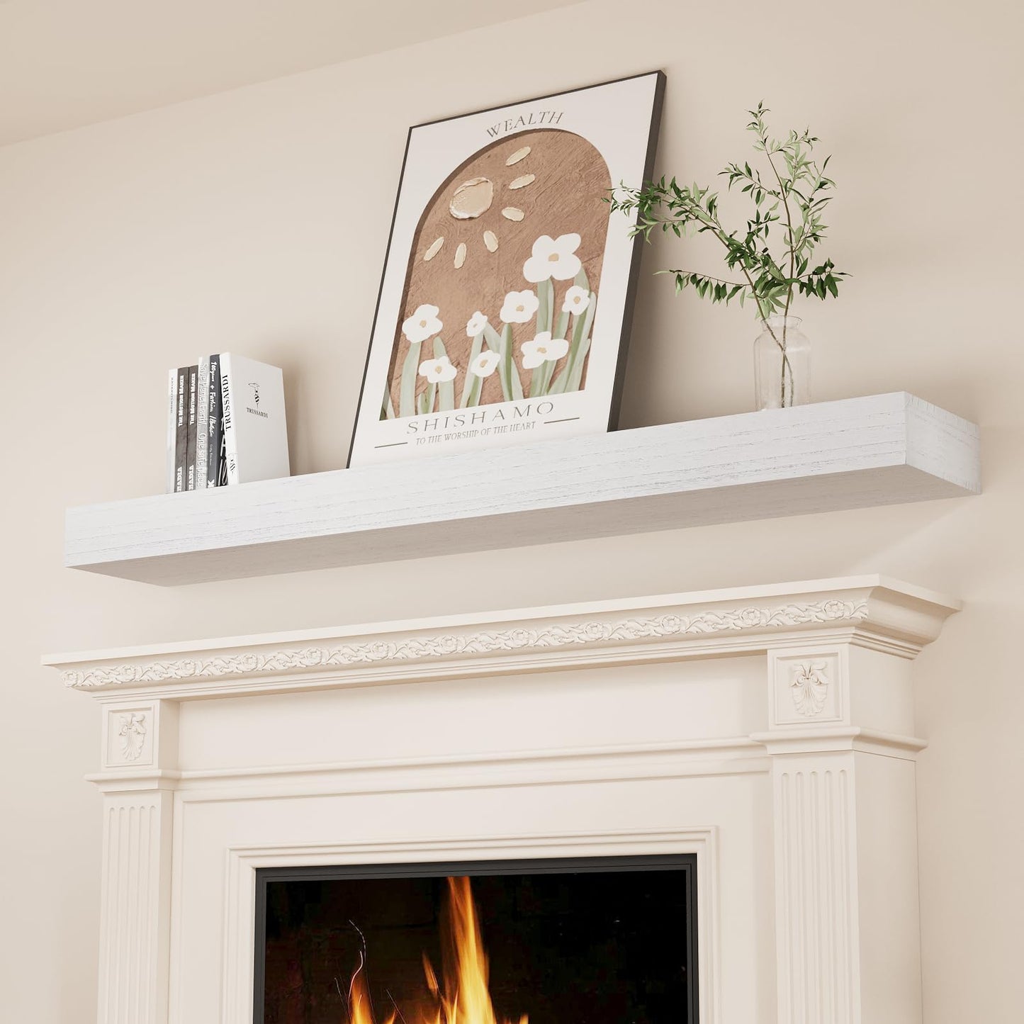 SAUMONIERES Fireplace Mantel Shelves 60 Inch Solid Wood Wall Mounted Long Floating Shelf Hollow, White