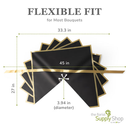 the florist Supply Amour Wrap 12 Pack, Luxury Pre-Assembled Flower Wrapping Paper - Waterproof Floral Bouquet Wrapping Paper with Gold Trim & Satin Ribbon, Black