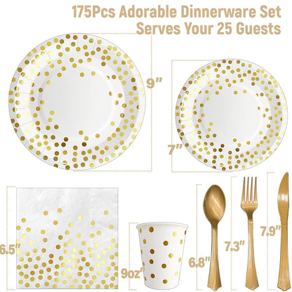 AIRE 175PCS White and Gold Paper Plates Party Supplies for 25 Guests Disposable Decorations Dinnerware Golden Dot Paper Plates Napkins Cups Gold Plastic Forks Knives Spoons for Mothers Day Birthday