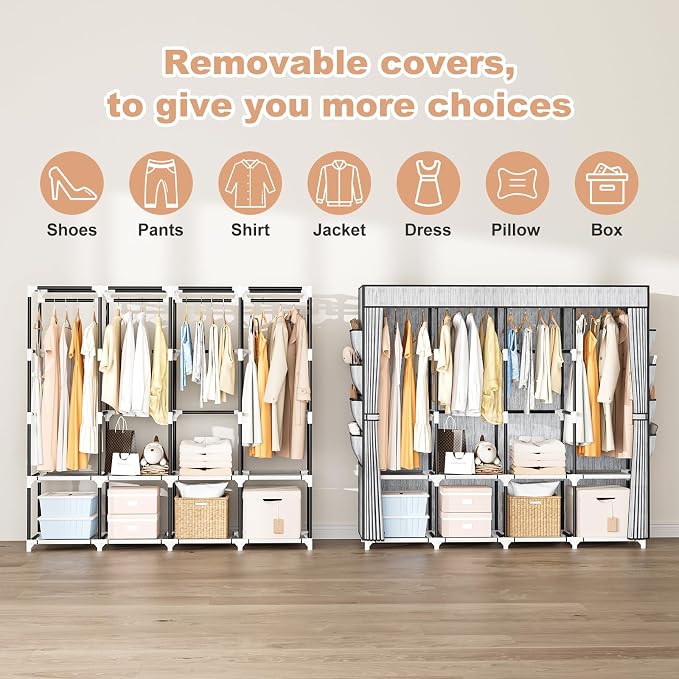 Portable Closet for Hanging Clothes, 67 Inch Wide Portable Wardrobe Closet with Cover, 4 Hanging Rod, Storage Shelves and Side Pockets, Large Free Standing Closet for Bedroom, Printing