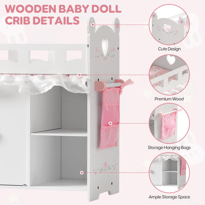 ROBOTIME Baby Doll Crib – Wooden Baby Doll Changing Table with Storage – Bedding & Hooks, Fits 18-21" Dolls, Doll Bed Playset for Girls Ages 3+