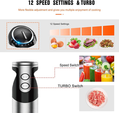 MegaWise Pro Titanium Reinforced 3-in-1 Immersion Corded Hand Blender, Powerful MOTOR with 80% Sharper Blades, 12-Speed Corded Blender, IncludingWhisk and Milk Frother (3-in 1 Red)