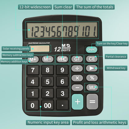 M&G Desk Calculator 12 Digit Office Calculators with Large LCD Display, Dual Solar Power and Battery, Recessed Big Button Calculator for Office Home School (Black)