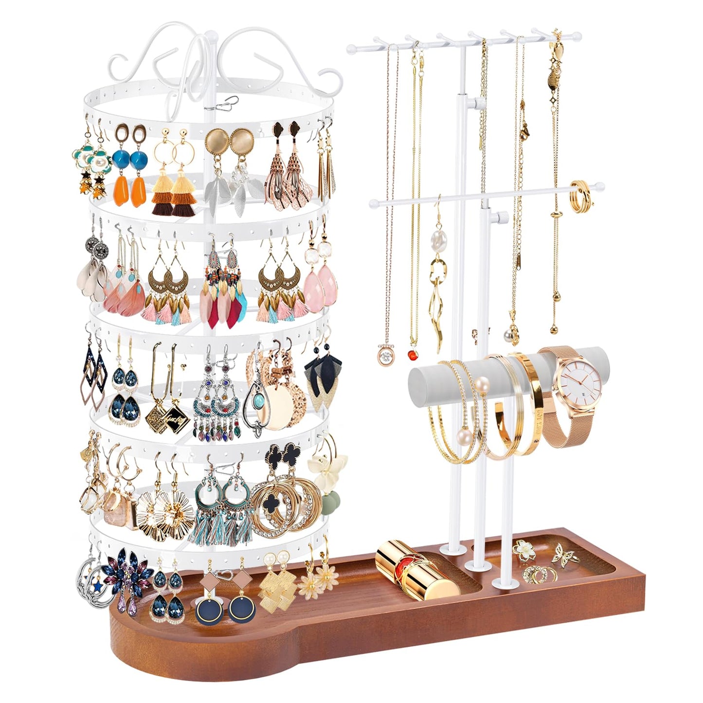 KALYLOC Jewelry Earring Holder Organizer, Adjustable 5 Tiers Rotating Earring Holder 3 Tier Necklace Holder with Wooden Base, Multi-Functional Jewelry Organizer Display Stand for Studs Bracelet Women