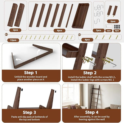Farmhouse Wooden Blanket Ladder with Shelf,6-Tier Rustic Quilt Towel Rack Decorative Holder Wall Leaning Storage with Removable Hooks for Home Living Room Bedroom Decor Brown