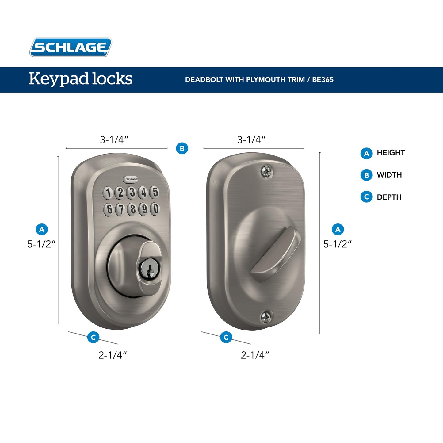 Schlage BE365 PLY 716 Plymouth Keypad Deadbolt, Electronic Keyless Entry Lock, Aged Bronze