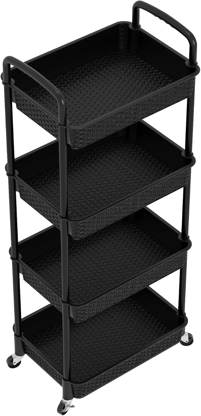 MOYIPIN 4-Tier Plastic Rolling Utility Cart with Handle, Utility Storage Cart for Office, Living Room, Kitchen, Movable Storage Organizer Shelves, Black
