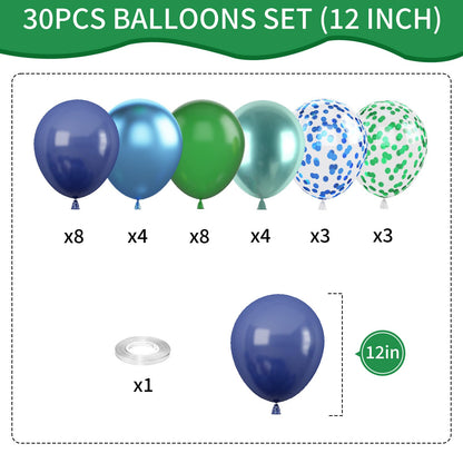 Blue and Green Balloon Set, 12 Inch Navy Blue Dark Green Balloons Metallic Chrome Ballons, Confetti Green Blue Balloons for Jungle Safari Theme Boys Birthday Party Decorations