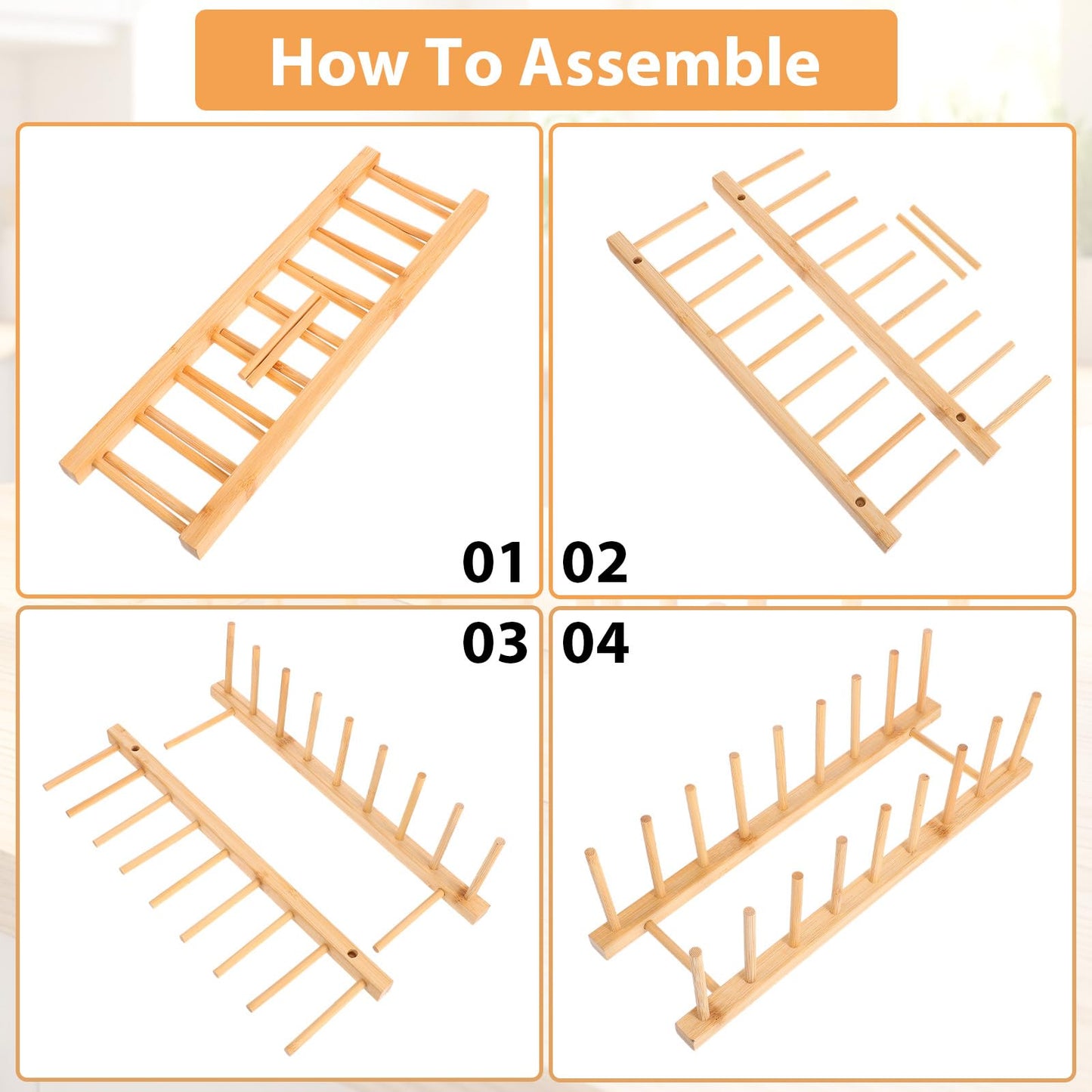 Leooomap 8-Slot Bamboo Wooden Plate Rack, Dish Drying Rack & Pot Lid Holder Stand, Kitchen Cabinet Organizer for Bowls, Cups, Cutting Boards