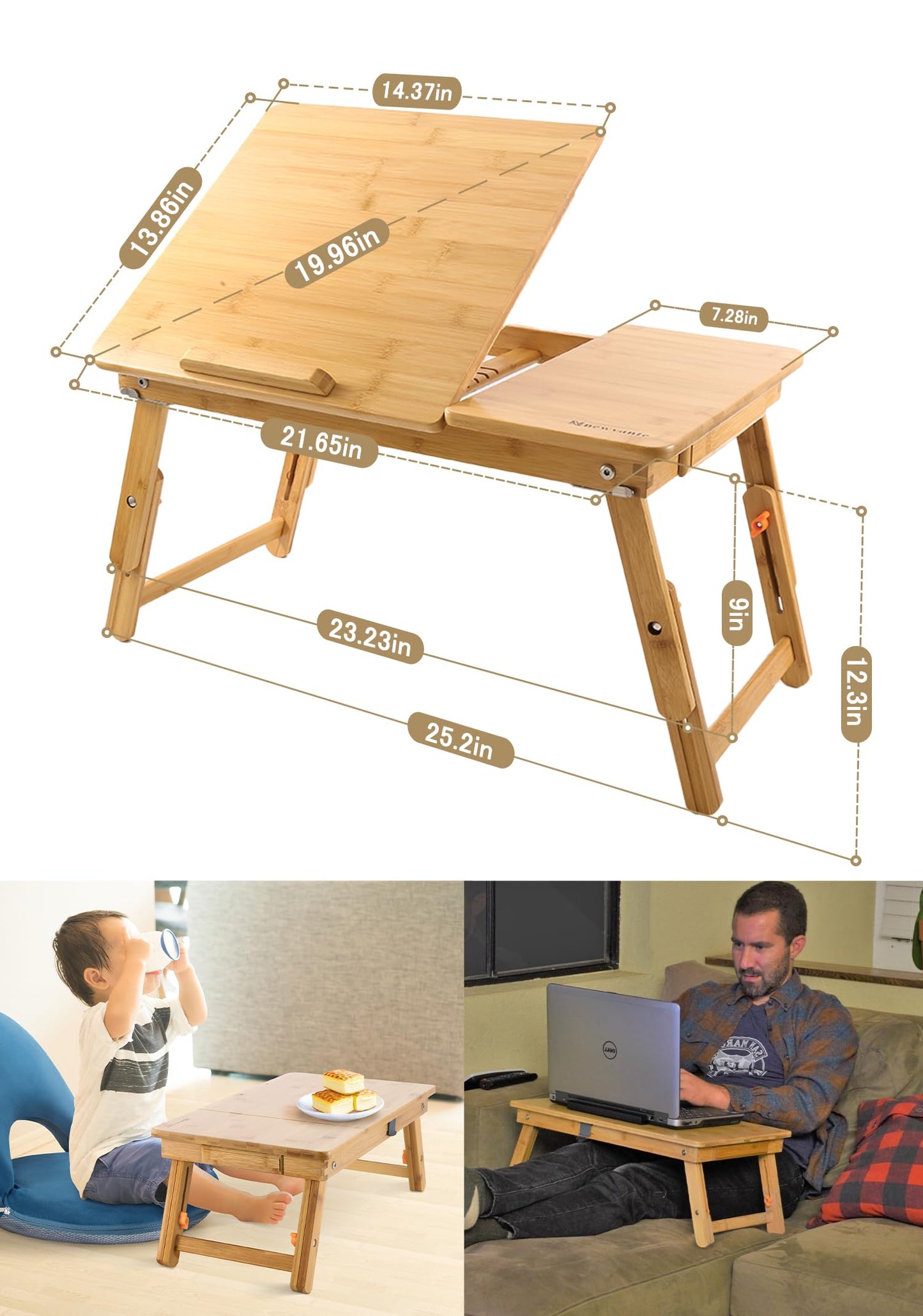 Laptop Desk Nnewvante Table Adjustable Bamboo Foldable Breakfast Serving Bed Tray w' Tilting Top Drawer