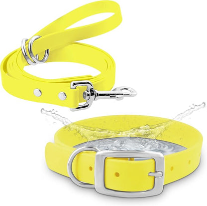 Regal Dog Products Medium Yellow Waterproof Dog Collar and Leash Set | Heavy Duty Double Buckle & D Ring - 5'ft Leash | Adjustable Biothane Dog Collar | Chew Resistant Waterproof Collar for Dogs