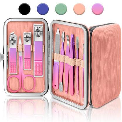 BLESWIN 10-Piece Nail Care Kit, Professional Manicure Set with Green Leather Case, Ideal for Women & Men