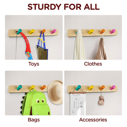 Monläurd® 100% Birch Solid Wood Wall-Mounted Coat Rack for Kids – Child-Safe Hook Hanger for Jackets, Hats, Backpacks, Towels & Keys – Ideal for Entryway, Bedroom, Playroom, or Bathroom