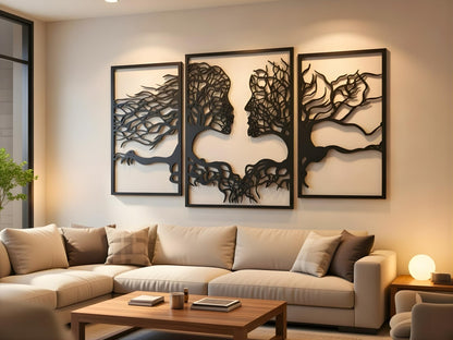 VAILLA Tree of Life Wall Wooden Art Abstract Tree Man Woman Face Large 3D Wooden Wall Decor Set of 3 Hanging Sculpture Modern Home Decoration 3D Textured Sculptures for Living Room Bedroom Office Dinnig Room