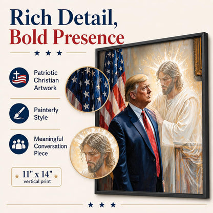 The Grace of God: Jesus & Trump Inspirational Painting 11x14 Unframed Poster - Religious Art Faith Leadership MAGA American Flag Patriotic Artwork for Home Office, Living Room, Conservative Christians