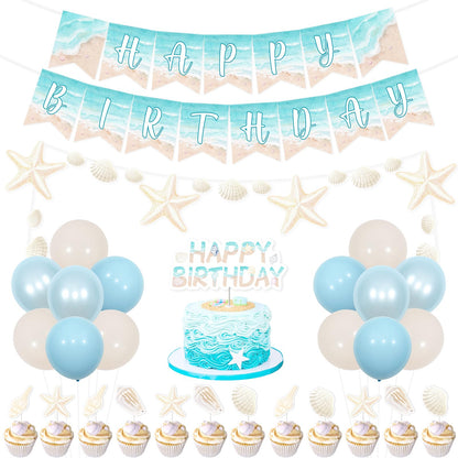 Kreatwow Beach Shell Birthday Decorations Shell Happy Birthday Banner Garland Cake Toppers Summer Seaside Ocean Ocean Waves Party Decors Sea Surf Nautical Coastal Mermaid Birthday Party Supply