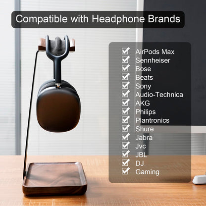 GEVO Walnut Headphone Stand, Wood Headset Stand for Desk, Universal Headphone Holder Gaming Headset Rack with Storage Base Compatible for AirPods Max, Bose, Razer, Sennheiser, Jabra, JBL, AKG