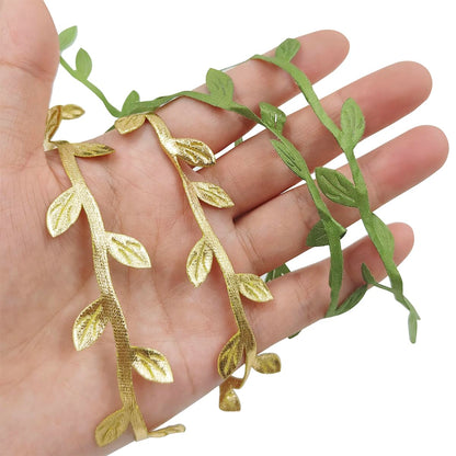 2 PCS Leaf Ribbons 43.7 Yard, lyfLux Leaves Leaf Ribbon Trim Rope, for for DIY Crafts, Wedding, Home Decor (Gold+Green)
