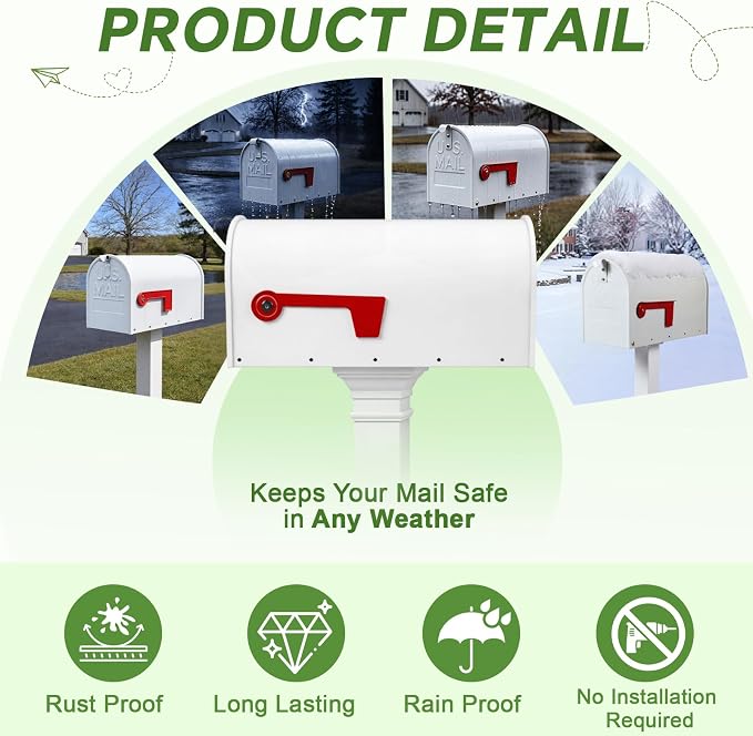 Fumete White Mailboxes for Outside, Metal Mail Box for House Outside, Galvanized Steel Post Mount Rural Mailbox, Standard Size, 20 x 8.7 x 6.7 Inches