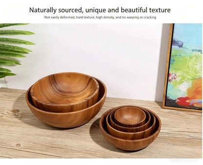 Acacia Wood Serving Bowls, Nesting Wooden Bowls, Natural Handcrafted Bowls for Salad, Fruit, Snack, Cereal, Popcorn, Food-Safe & Durable for Kitchen, Dining & Parties